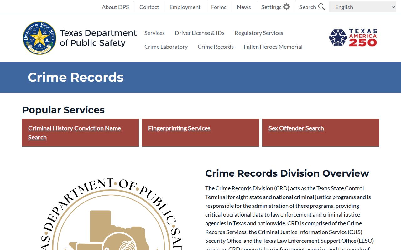 Texas DPS Crime Records Service for Sabine County arrest history