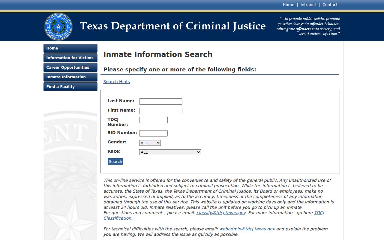 Sabine County criminal history TDCJ state inmate search