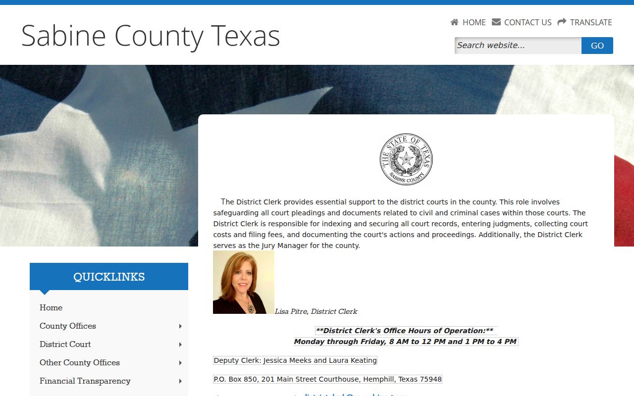 Sabine County criminal court records District Clerk page