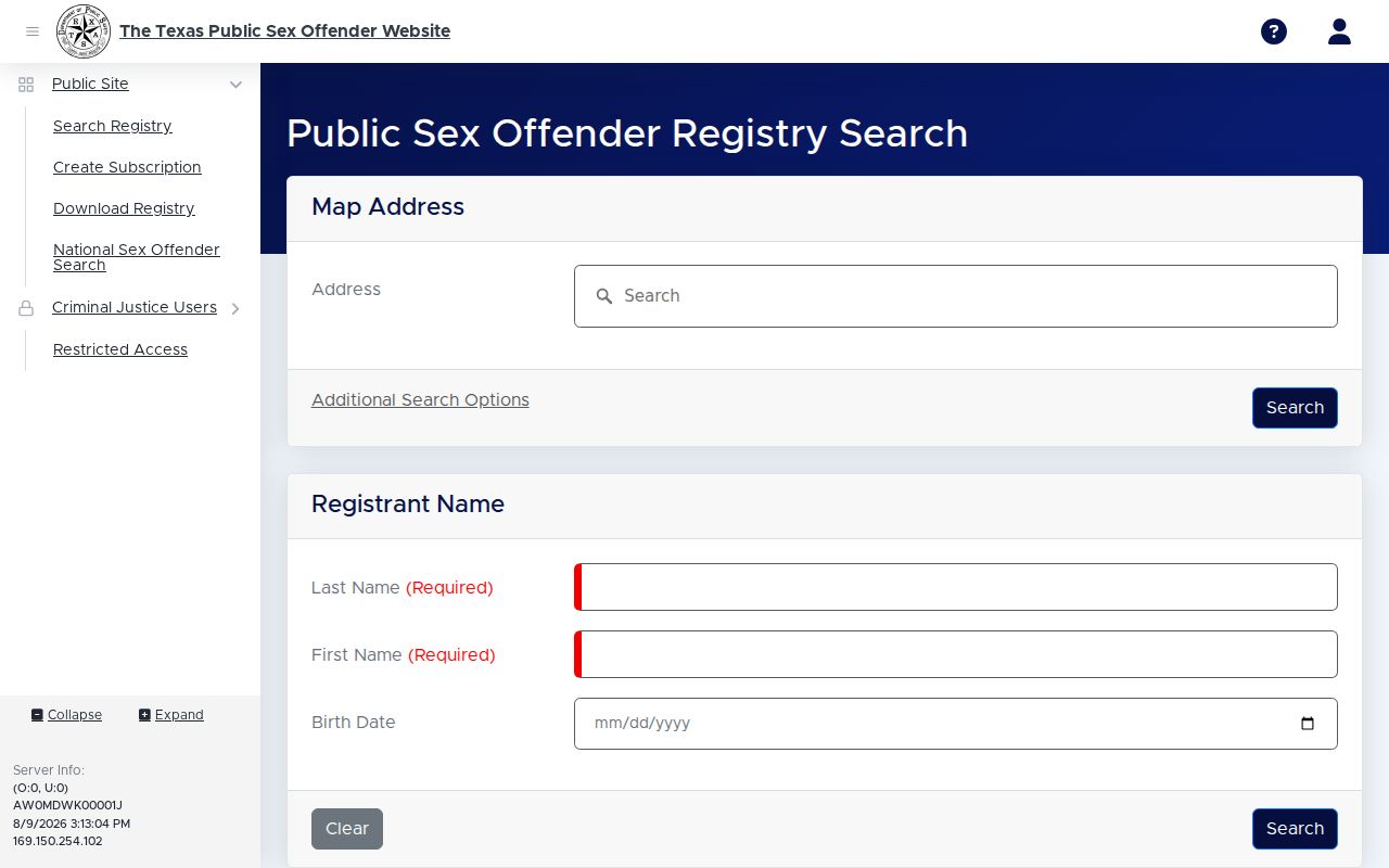 Sabine County sex offender registry search page from Texas DPS