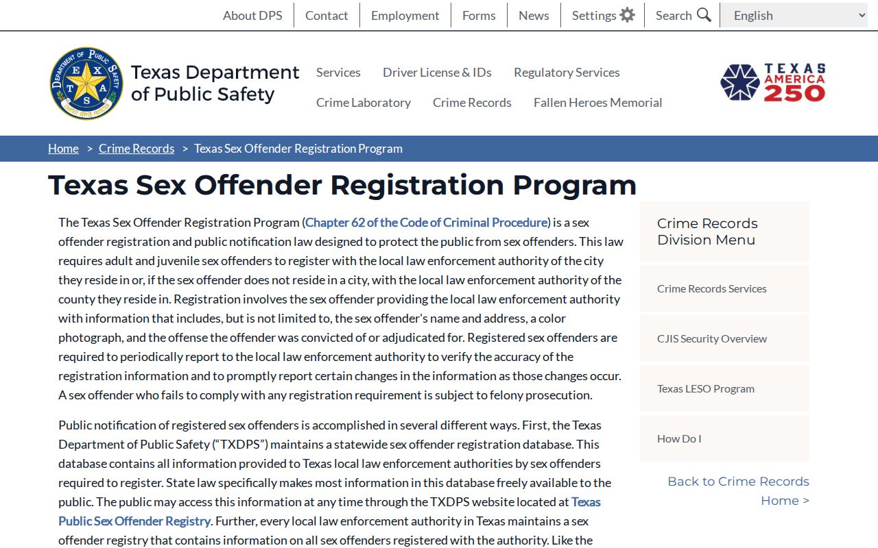 Texas DPS sex offender registration program guidance for Sabine County